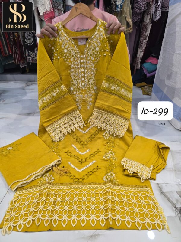 Yellow Bin Saeed IC Series Fancy Fabric Suit with Cutwork & Lakan