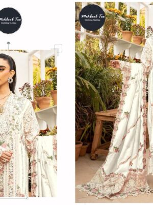 White Ombre Premium Pure Cotton Embroidered Suit with Printed Lawn Dupatta
