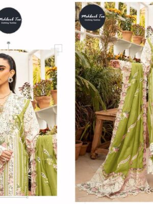 White with Green Ombre Premium Pure Cotton Embroidered Suit with Printed Lawn Dupatta