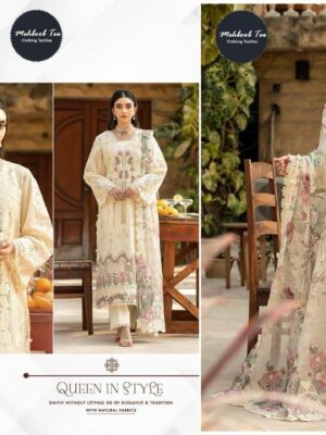 White Ombre Premium Pure Cotton Embroidered Suit with Printed Lawn Dupatta