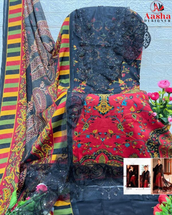 Black and Red Aasha Designer Pure Cotton Printed Suit with Patch Embroidery & Cotton Dupatta