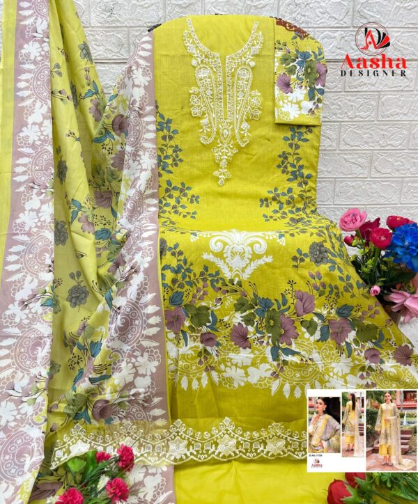 Lime Green Aasha Designer Pure Cotton Printed Suit with Patch Embroidery & Cotton Dupatta
