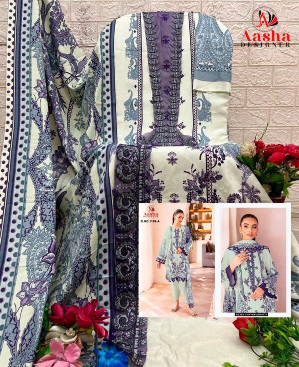 Light Mint Green Aasha Designer Pure Cotton Printed Suit with Patch Embroidery & Cotton Dupatta