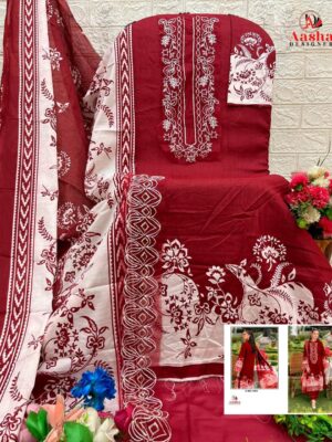 Maroon Aasha Designer Pure Cotton Printed Suit with Patch Embroidery & Cotton Dupatta