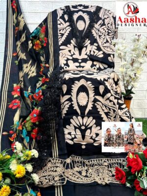 Black with Cream Aasha Designer Pure Cotton Printed Suit with Patch Embroidery & Cotton Dupatta