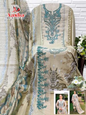 Beige or Cream Aasha Designer Pure Cotton Printed Suit with Patch Embroidery & Cotton Dupatta