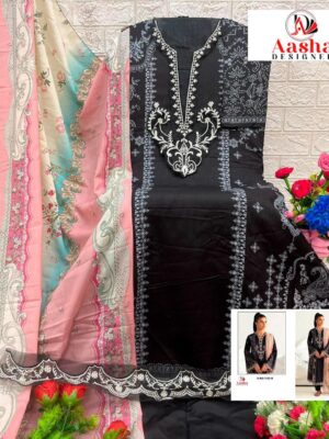 Black Aasha Designer Pure Cotton Printed Suit with Patch Embroidery & Cotton Dupatta