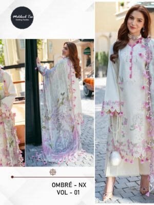 White and Pink Mehboob Tex Ombre Starlet Lawn Collection-26 Pure Cotton Embroidered Suit with Cotton Dupatta