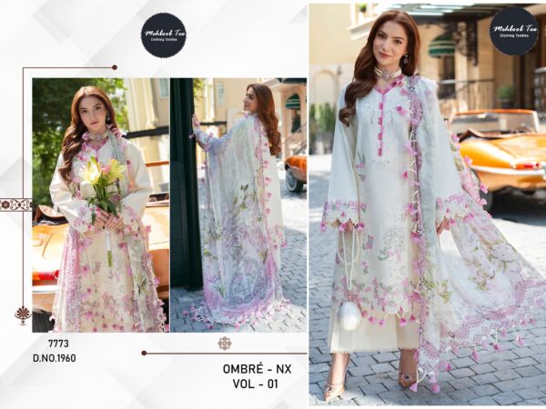 White and Pink Mehboob Tex Ombre Starlet Lawn Collection-26 Pure Cotton Embroidered Suit with Cotton Dupatta