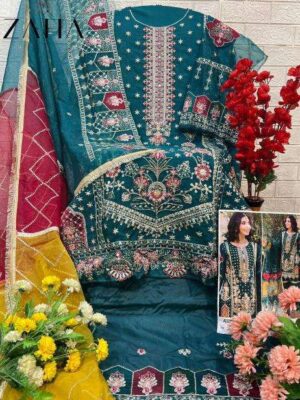 Teal Blue Pakistani Organza Embroidered Suit Set – Pure Organza Top