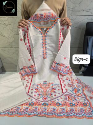 White Sapphire Roman Silk Embroidered Readymade Suit with Organza Dupatta