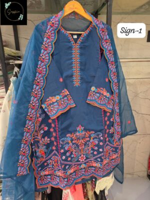 Teal Blue Sapphire Roman Silk Embroidered Readymade Suit with Organza Dupatta