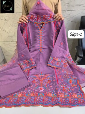Purple Sapphire Roman Silk Embroidered Readymade Suit with Organza Dupatta