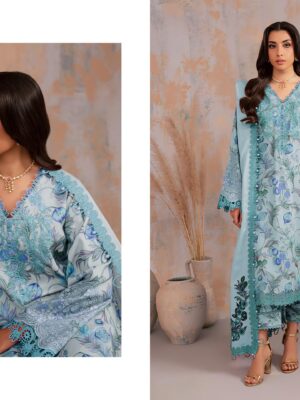 Light Sky Blue Premium Viscose Rayon Embroidered Suit Set with Cotton Mal Dupatta