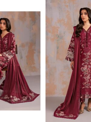 Maroon Premium Viscose Rayon Embroidered Suit Set with Cotton Mal Dupatta