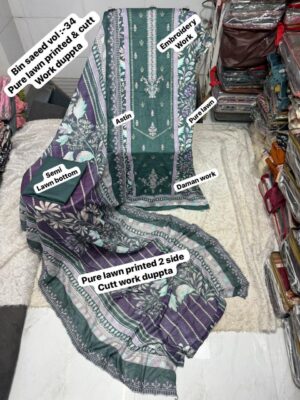 Dark Green Bin Saeed Cutwork Embroidered Lawn Suit