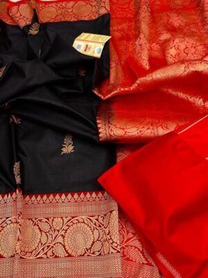 Black and Red Pure Handloom Katan Silk Saree with Antique Zari | Silk Mark Certified