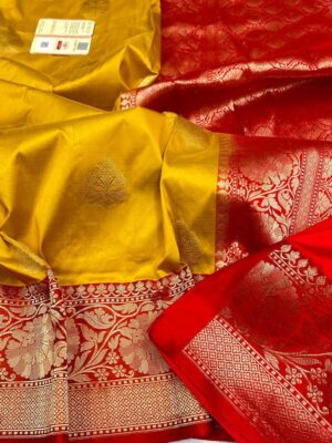 Yellow and Red Pure Handloom Katan Silk Saree with Antique Zari | Silk Mark Certified