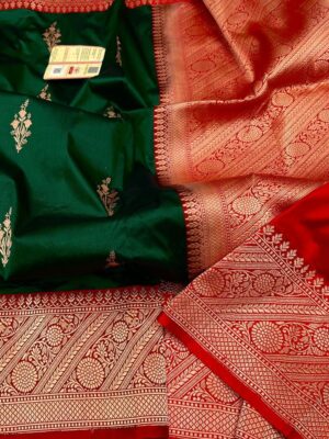 Green and Red Pure Handloom Katan Silk Saree with Antique Zari | Silk Mark Certified