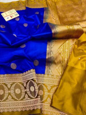 Royal Blue and Yellow Pure Handloom Katan Silk Saree with Antique Zari | Silk Mark Certified