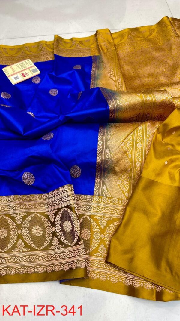 Royal Blue and Yellow Pure Handloom Katan Silk Saree with Antique Zari | Silk Mark Certified