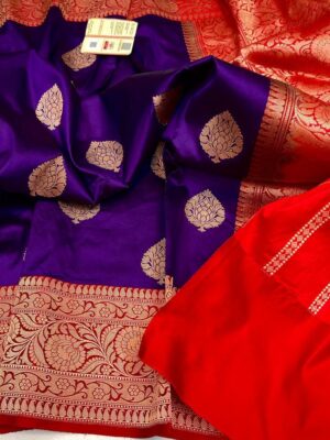 Purple and Red Pure Handloom Katan Silk Saree with Antique Zari | Silk Mark Certified