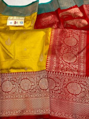 Yellow and Red Pure Handloom Katan Silk Saree with Antique Zari | Silk Mark Certified