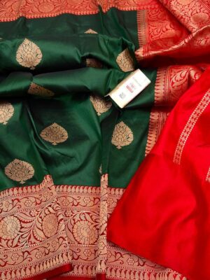 Green and Red Pure Handloom Katan Silk Saree with Antique Zari | Silk Mark Certified