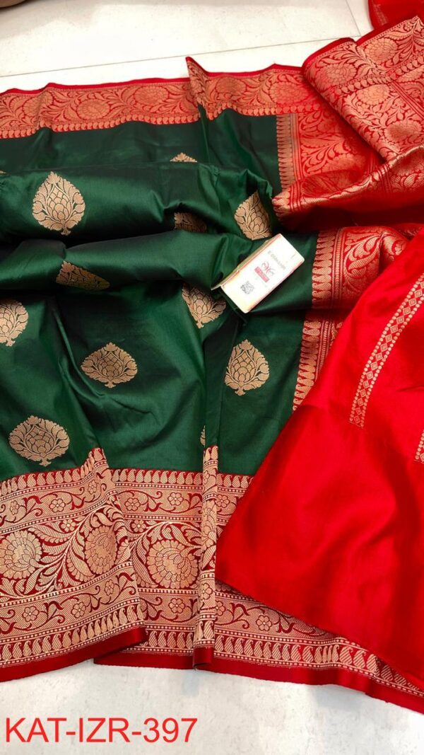 Green and Red Pure Handloom Katan Silk Saree with Antique Zari | Silk Mark Certified