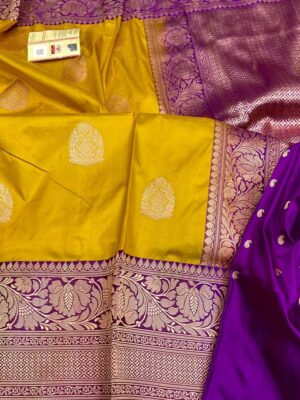 Yellow and Purple Pure Handloom Katan Silk Saree with Antique Zari | Silk Mark Certified