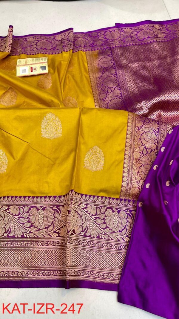 Yellow and Purple Pure Handloom Katan Silk Saree with Antique Zari | Silk Mark Certified