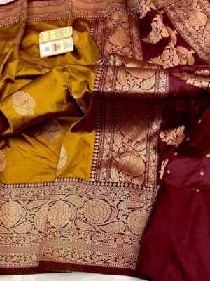 Mustard Yellow and Maroon Pure Handloom Katan Silk Saree with Antique Zari | Silk Mark Certified