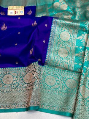 Royal Blue and Teal Green Pure Handloom Katan Silk Saree with Antique Zari | Silk Mark Certified