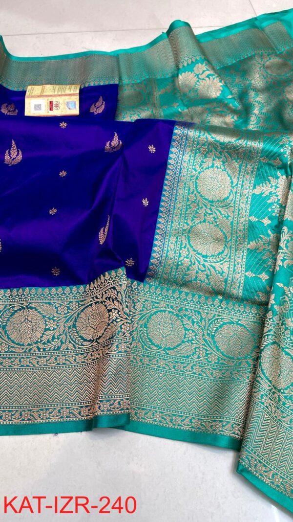Royal Blue and Teal Green Pure Handloom Katan Silk Saree with Antique Zari | Silk Mark Certified