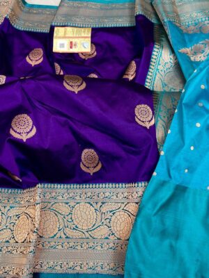 Deep Purple and Aqua Blue Pure Handloom Katan Silk Saree with Antique Zari | Silk Mark Certified
