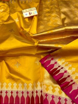Bright Yellow Pure Handloom Katan Silk Saree with Antique Zari | Silk Mark Certified