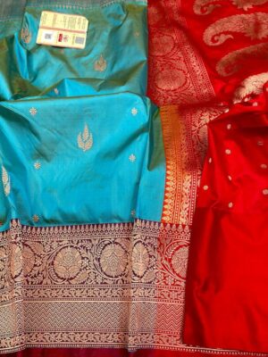 Teal Green and Red Pure Handloom Katan Silk Saree with Antique Zari | Silk Mark Certified