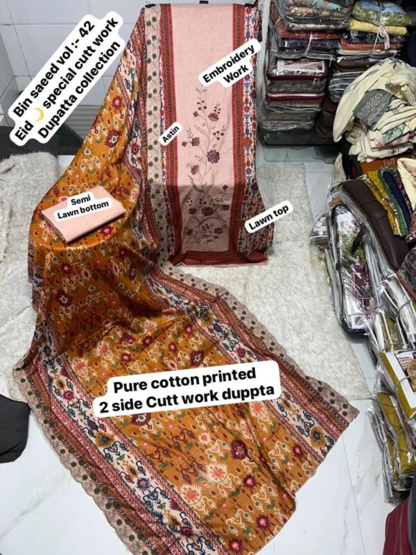 Peach And Mustard Yellow BIN SAEED Cutwork Embroidered Lawn Suit 2026