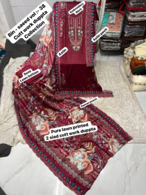 Maroon BIN SAEED Cutwork Embroidered Lawn Suit 2026
