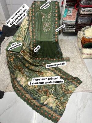 Olive Green BIN SAEED Cutwork Embroidered Lawn Suit 2026