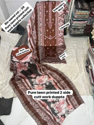 Brown BIN SAEED Cutwork Embroidered Lawn Suit 2026