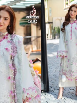 White ALIF FASHION A216-217 Pakistani Cotton Embroidered Suit