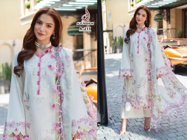 White ALIF FASHION A216-217 Pakistani Cotton Embroidered Suit