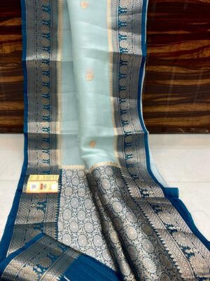 Sky Blue Exclusive Kora Banarasi Silk Saree with Silk Mark Certification – Rich Pallu Design