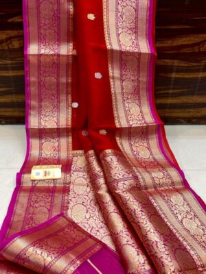 Red and Rani Pink Exclusive Kora Banarasi Silk Saree with Silk Mark Certification – Rich Pallu Design