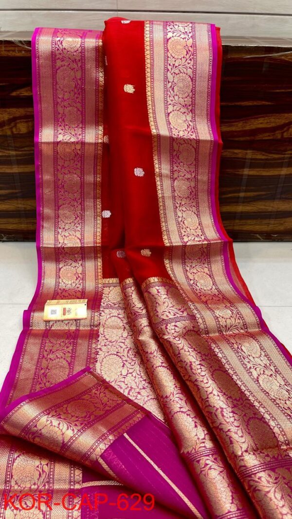 Red and Rani Pink Exclusive Kora Banarasi Silk Saree with Silk Mark Certification – Rich Pallu Design