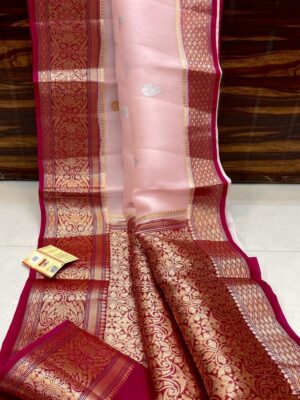 Pink with Red Exclusive Kora Banarasi Silk Saree with Silk Mark Certification – Rich Pallu Design