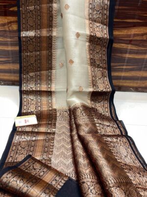Cream and Black Exclusive Kora Banarasi Silk Saree with Silk Mark Certification – Rich Pallu Design