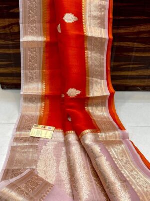 Orange Exclusive Kora Banarasi Silk Saree with Silk Mark Certification – Rich Pallu Design