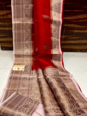Red with Beige Exclusive Kora Banarasi Silk Saree with Silk Mark Certification – Rich Pallu Design